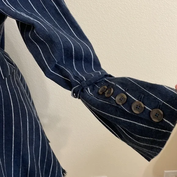 New FREE PEOPLE Stella Blazer Jacket Navy Blue White Stripe Fluted Sleeve - Picture 10 of 14